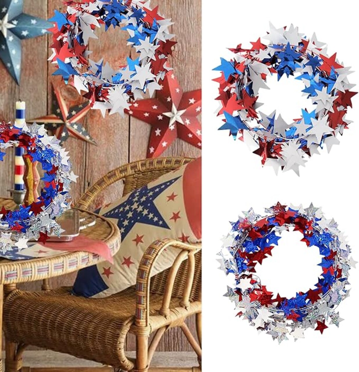4th of July Patriotic Tinsel Stars Wire Garlands Decoration Metallic Glitter Tinsel Red White Blue Wreath with Stars for Independence Day Memorial Day Party Home Front Door Décor (2 Pcs)